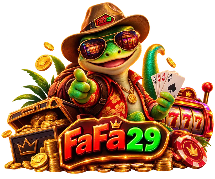 FaFa29 casino gecko host in an explorer hat with a treasure chest, gold coins, playing cards and a 777 slot machine