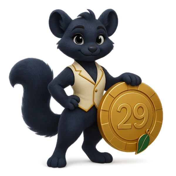 FaFa29 casino host leaning on a gold 29 coin